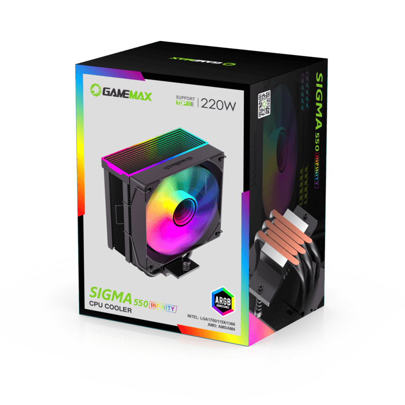 GameMax Sigma 550 Infinity Black CPU Air Cooler | 220W Tower Cooler with 5 Heat Pipes, ARGB Infinity Lighting & High-Density Fin Design