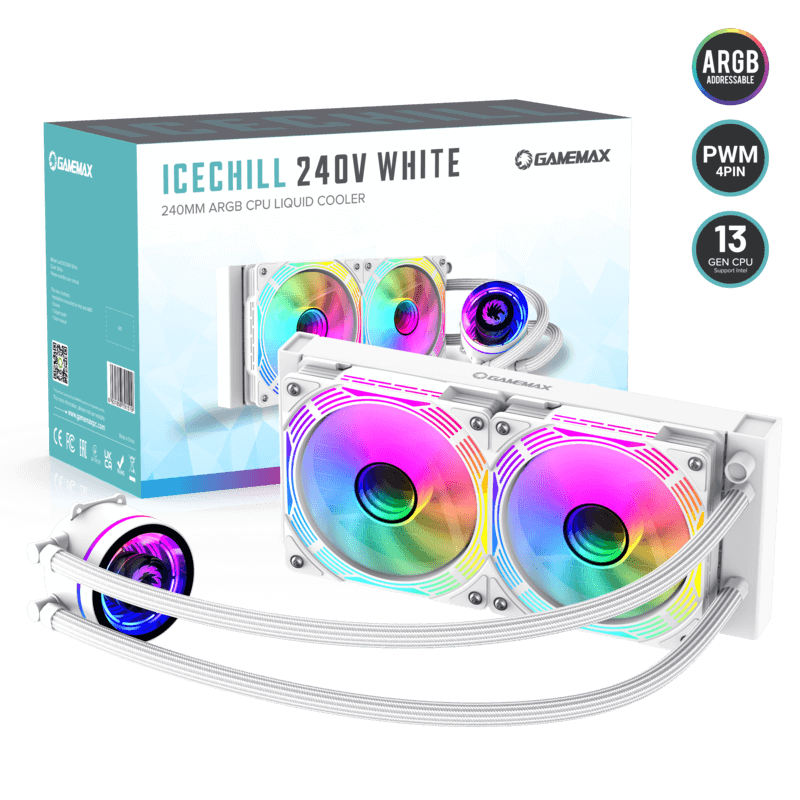 GameMax IceChill 240V WT ARGB Liquid Cooler | 240mm AIO Cooling System with 250W TDP, Rotatable Pump & Dual PWM Fans
