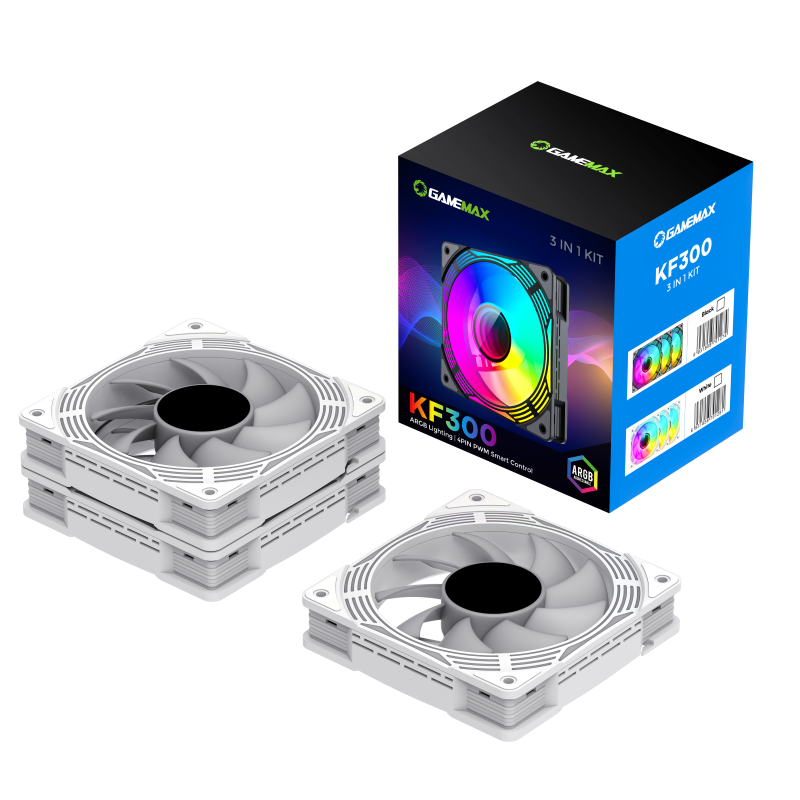 GameMax KF300 WH – 120mm ARGB PWM Fan Kit (3-in-1 Set) with V4.0 ARGB Hub & Smart Speed Control { KF_ 300 }