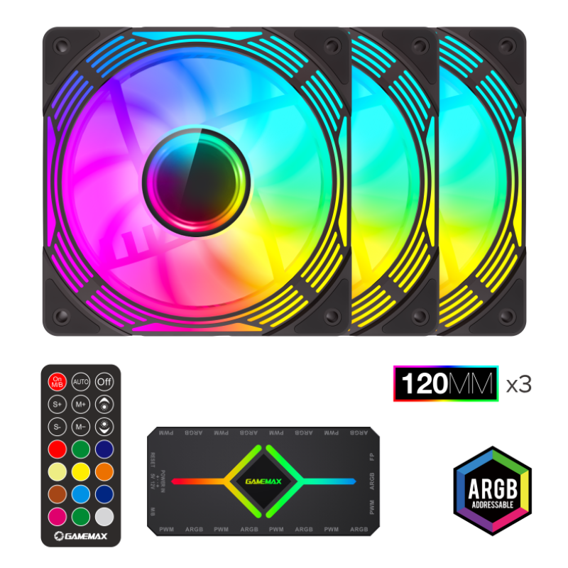 GameMax KF300 BK – 120mm ARGB PWM Fan Kit (3-in-1 Set) with V4.0 ARGB Hub & Smart Speed Control { KF_ 300 }