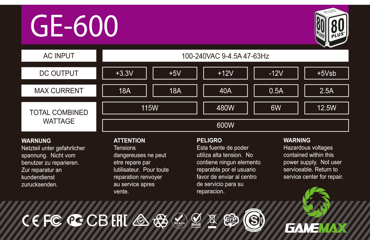 GAMEMAX GE-600 PSU (GE600)