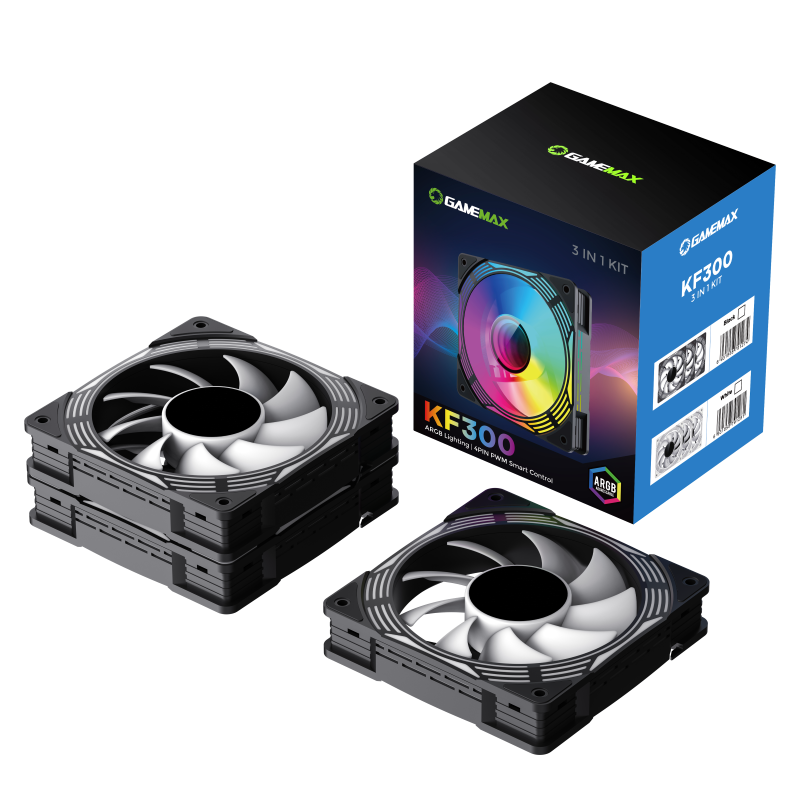 GameMax KF300 BK – 120mm ARGB PWM Fan Kit (3-in-1 Set) with V4.0 ARGB Hub & Smart Speed Control { KF_ 300 }