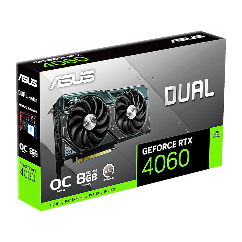 ASUS Dual GeForce RTX 4060 OC Edition 8GB GDDR6 with two powerful Axial-tech fans and a 2.5-slot design for broad compatibility