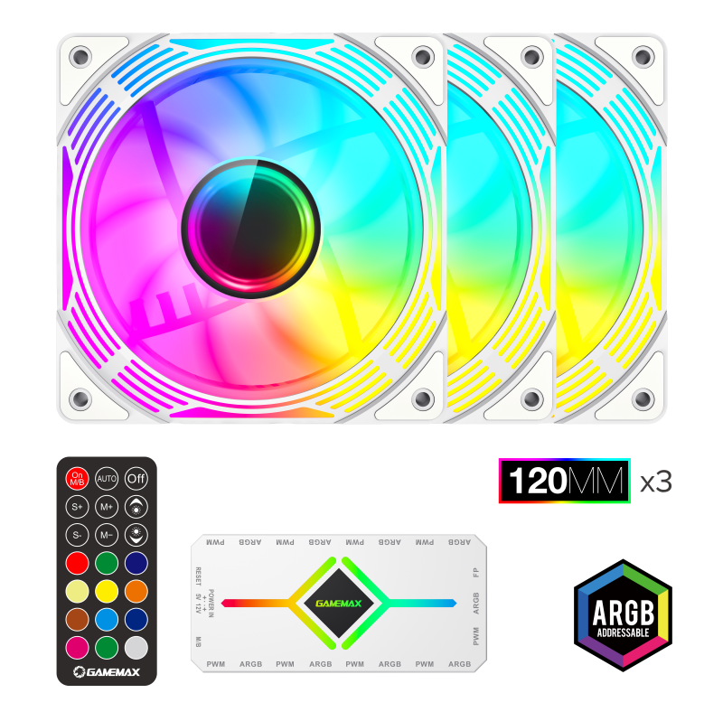 GameMax KF300 WH – 120mm ARGB PWM Fan Kit (3-in-1 Set) with V4.0 ARGB Hub & Smart Speed Control { KF_ 300 }
