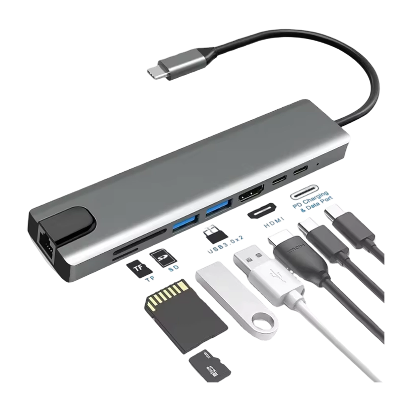 Type-C to HDTV Docking 8in1 HUB, 8 in 1 USB C Adapter with 4K HDMI, 100W PD, USB C Port, USB 3.0, RJ45 Ethernet, SD/TF Card Reader & More