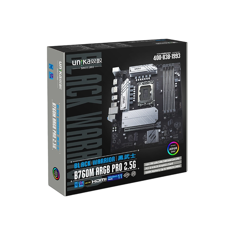 UNIKA UN-B760M Brand New ARGB PRO BLACK WARRIOR Motherboard B760/LGA1700 DDR4 Supports Intel 12/13/14 Generation