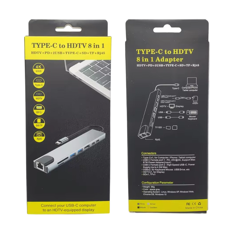Type-C to HDTV Docking 8in1 HUB, 8 in 1 USB C Adapter with 4K HDMI, 100W PD, USB C Port, USB 3.0, RJ45 Ethernet, SD/TF Card Reader & More