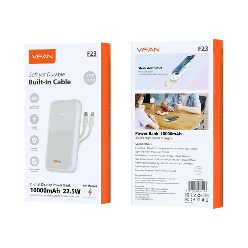 VFAN F23 Power Bank,  10000mAh, 22.5W, Built in Cable, Fast Charging, Digital Display, USB-C 22.5W Output, Lightning 20W Output, USB-A 22.5W Output, Portable | F23-White