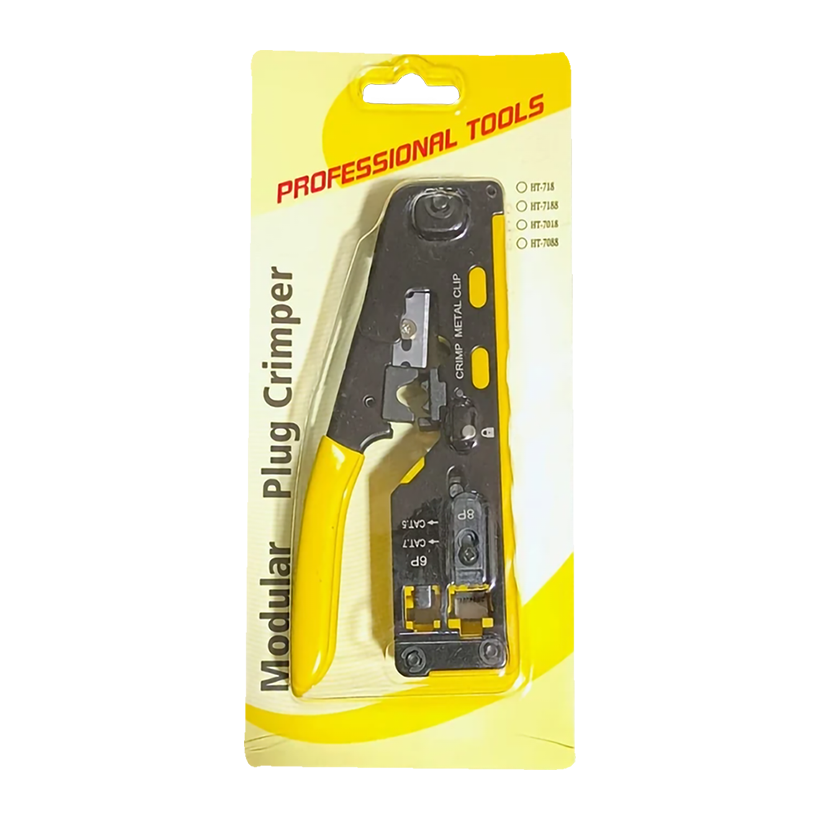 Modular Crimper | CAT5 CAT6 CAT7 Crimper crimping tools for Standard RJ45 RJ12 RJ11 Connectors CAT6a Shielded Modular Plugs Yellow Handle Come with wire stripper and spare blades