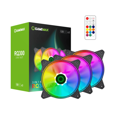 GameMax RQ300 Cooling Kit – 120mm 3-in-1 ARGB PWM Fan Kit with Remote Control & 100+ Lighting Effects | RQ_ 300
