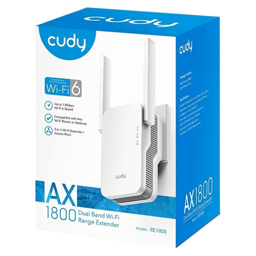 Cudy RE1800 AX1800 Mesh Wi-Fi 6 Extender WiFi_6 Covers up to 2000 sq.ft & 30 Devices Dual Band up to 1.8Gbps Speed AP Mode Gigabit Port, Wi-Fi6 | RE_ 1800 AX_