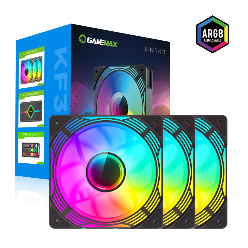 GameMax KF300 BK – 120mm ARGB PWM Fan Kit (3-in-1 Set) with V4.0 ARGB Hub & Smart Speed Control { KF_ 300 }