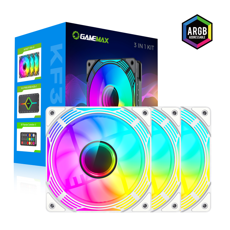GameMax KF300 WH – 120mm ARGB PWM Fan Kit (3-in-1 Set) with V4.0 ARGB Hub & Smart Speed Control { KF_ 300 }