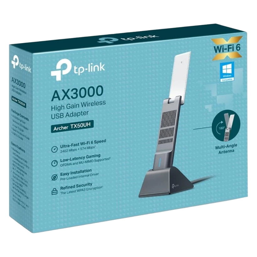 Tp-Link Archer Tx50Uh Ax3000 High Gain Wireless USB Adapter | 3000 Mbps Dual Band WiFi 6 | High Gain Antennas and Beamforming | USB 3.0 | Wpa3 | Ofdma and Mu-Mimo - Black | TPLINK - AX 3000