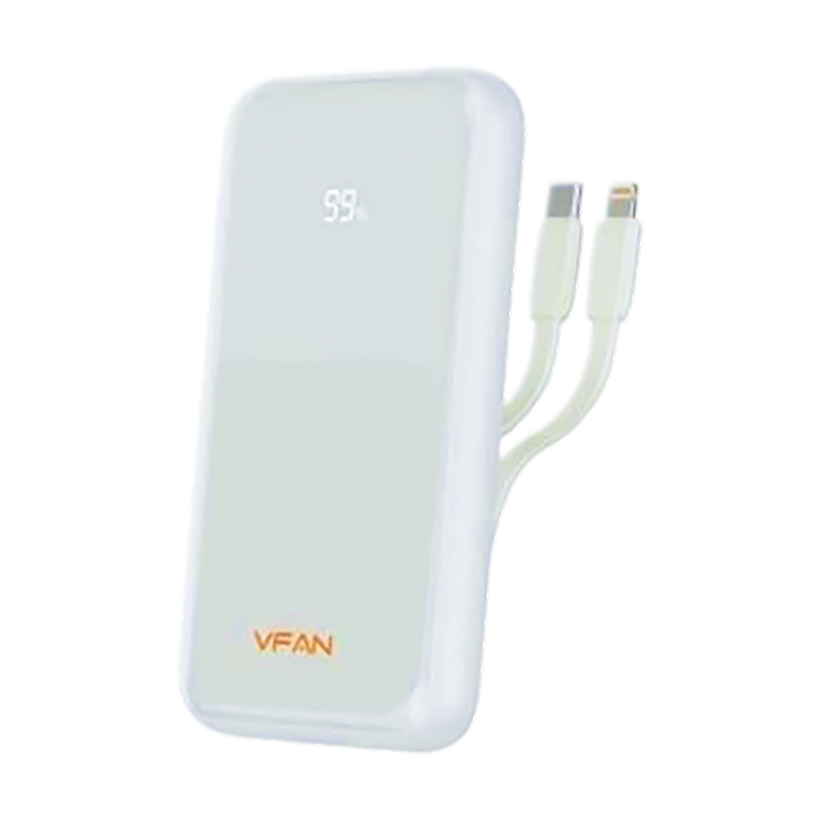 VFAN F23 Power Bank,  10000mAh, 22.5W, Built in Cable, Fast Charging, Digital Display, USB-C 22.5W Output, Lightning 20W Output, USB-A 22.5W Output, Portable | F23-White