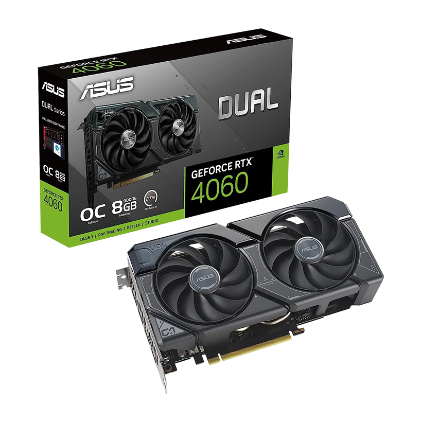 ASUS Dual GeForce RTX 4060 OC Edition 8GB GDDR6 with two powerful Axial-tech fans and a 2.5-slot design for broad compatibility