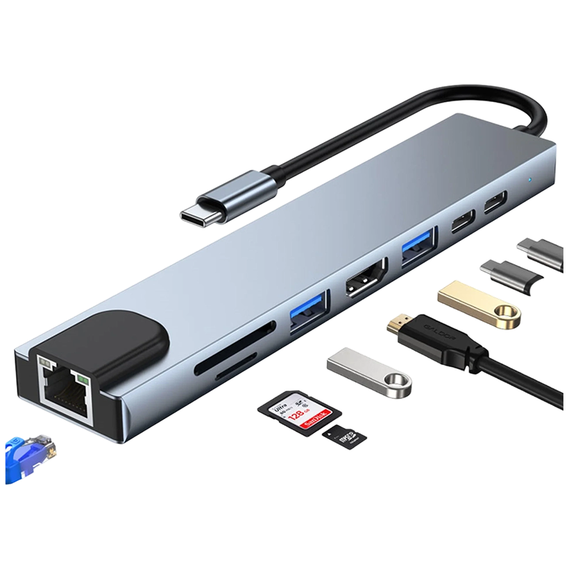 Type-C to HDTV Docking 8in1 HUB, 8 in 1 USB C Adapter with 4K HDMI, 100W PD, USB C Port, USB 3.0, RJ45 Ethernet, SD/TF Card Reader & More