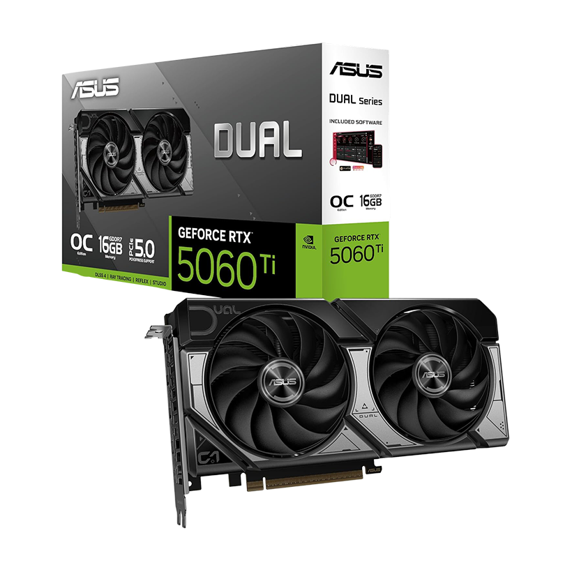 ASUS Dual GeForce RTX 5060 Ti 16GB GDDR7 OC Edition 16GB GDDR7, DLSS 4, HDMI 2.1b, DisplayPort 2.1b, 2.5-Slot Design, Axial-tech Fan Design, 0dB Technology
