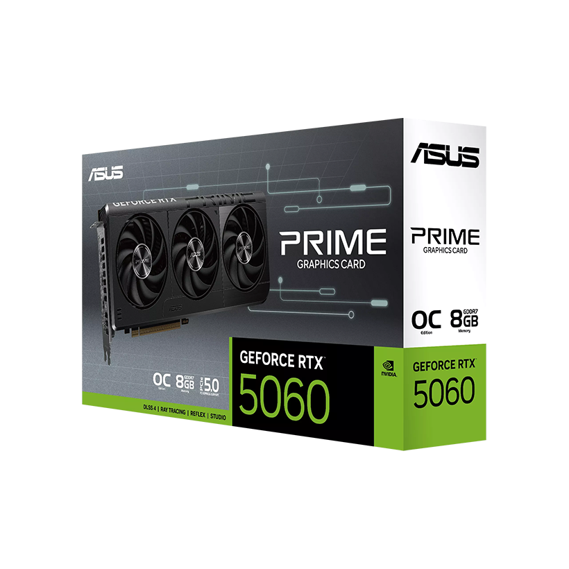 ASUS PRIME GeForce RTX 5060 OC Edition 8GB GDDR7 128-Bit Memory, 2565 MHz Boost Clock, 28 Gbps Memory Speed, 3840 CUDA Cores