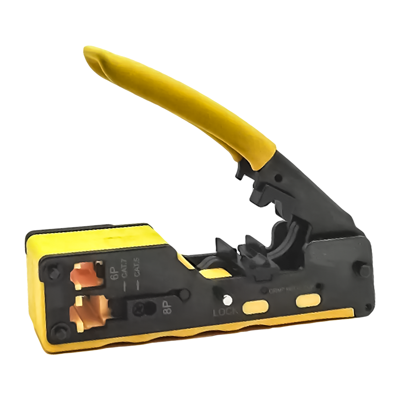 Modular Crimper | CAT5 CAT6 CAT7 Crimper crimping tools for Standard RJ45 RJ12 RJ11 Connectors CAT6a Shielded Modular Plugs Yellow Handle Come with wire stripper and spare blades